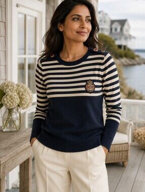 Vintage Mondi West Germany Nautical Breton Stripe Crest Sweater M